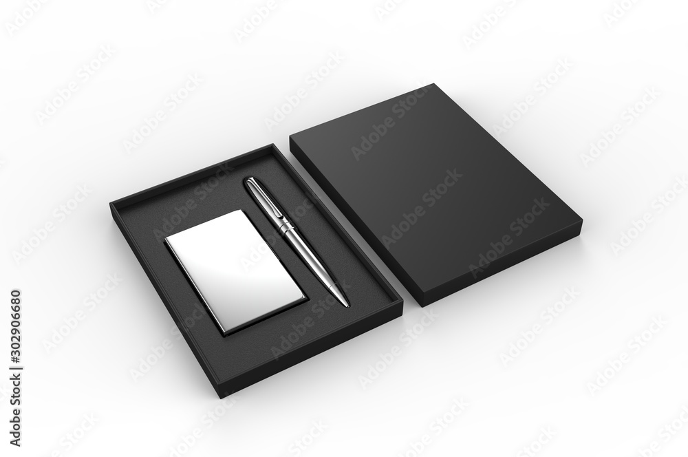Vising card holder and pen gift set box, 3d render illustration.