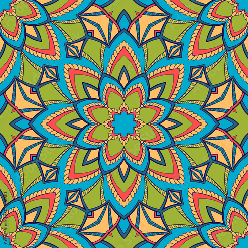 Decorative colorful ethnic seamless pattern for fabric or wrapping in oriental style. Hand drawn illustration