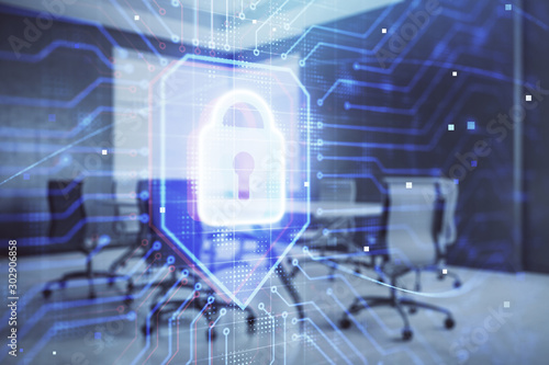 Double exposure of lock icon hologram on conference room background. Concept of cyber security