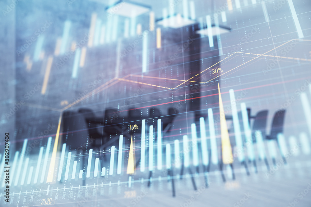 Multi exposure of stock market graph on conference room background. Concept of financial analysis Multi exposure of stock market graph on conference room background. Concept of financial analysis