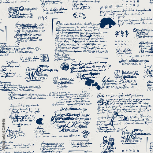 Vector seamless pattern with spots, ink blots, illegible entries and notes. Abstract background with unreadable scribbles imitating handwritten text. Suitable for wallpaper, wrapping paper or fabric