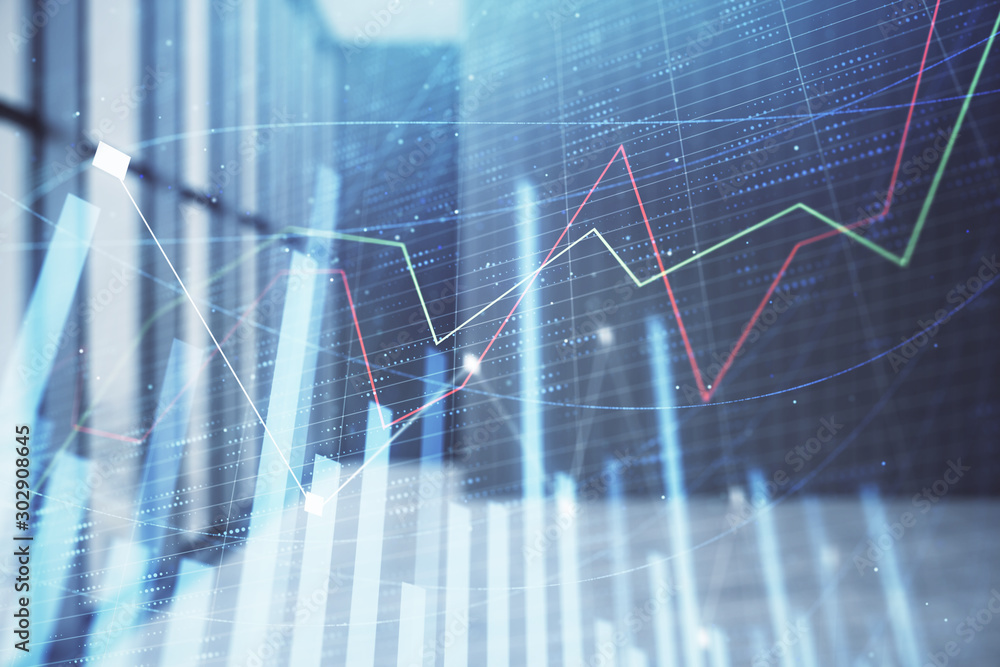 Double exposure of financial chart on empty room interior background. Forex market concept. Double exposure of financial chart on empty room interior background. Forex market concept.