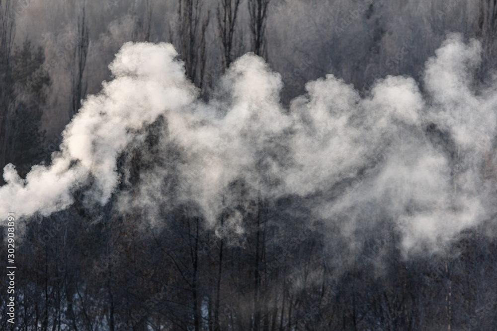 Smoke from the chimney of a house at dawn of the sun