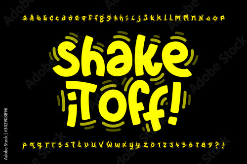 Shaky style font design, shake it off poster, vibrant alphabet letters and numbers
