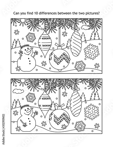 Winter holidays find the ten differences picture puzzle and coloring page with christmas tree ornaments and happy snowman