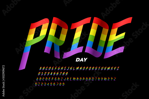 Waving rainbow flag colors font, LGBTQ pride flag alphabet letters and numbers