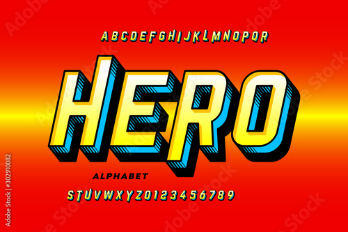 Comics style super hero font, alphabet letters and numbers