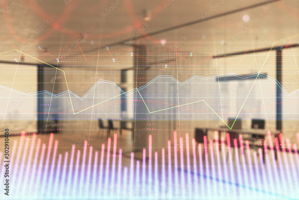 Stock and bond market graph with trading desk bank office interior on background. Multi exposure. Concept of financial analysis Stock and bond market graph with trading desk bank office interior on background. Multi exposure. Concept of financial analysis