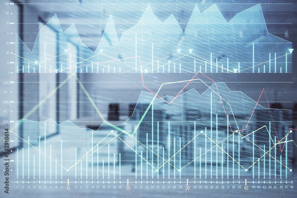 Stock and bond market graph with trading desk bank office interior on background. Multi exposure. Concept of financial analysis Stock and bond market graph with trading desk bank office interior on background. Multi exposure. Concept of financial analysis