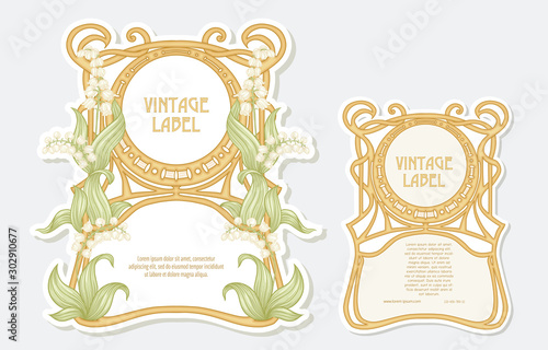 Lily of the valley. Set of 2 labels, decorative frames, borders. Good for product label. Vector illustration. In art nouveau style, vintage, old, retro style. Isolated on white background..