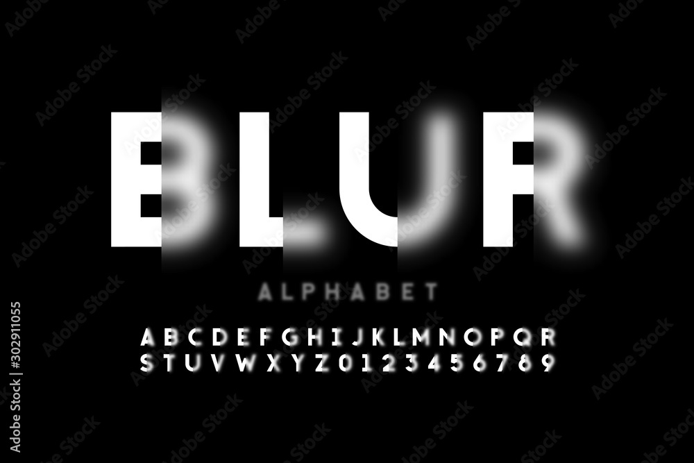 Blurry style font design, alphabet letters and numbers - obrazy, fototapety, plakaty 