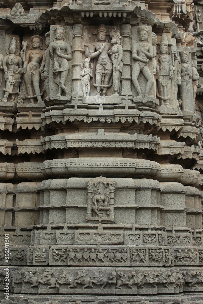 Carved sculptures on wall. Aundha Nagnath Temple, Hingoli, Maharashtra, India. Eighth of the twelve jyotirlingas in India