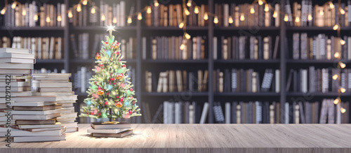 Decorated Christmas tree on Bookshelf in the library with old books, Holidays in Bookstore concept 3d render 3d illustration