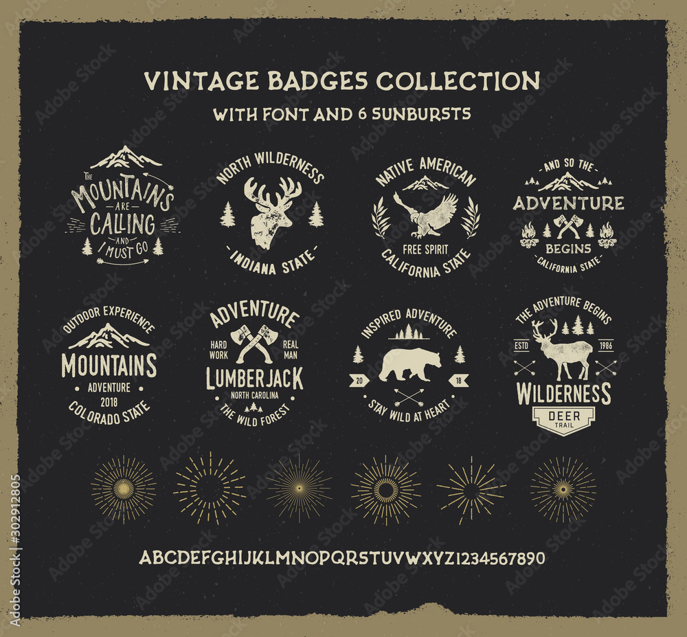 Vintage badges collection with 6 sunbursts. Adventure set. Textured ...