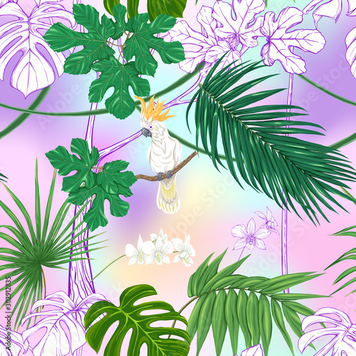 Seamless pattern, background. with tropical plants and flowers with white orchid and tropical birds In light ultra violet pastel mesh background. Colored and outline design. Vector illustration..