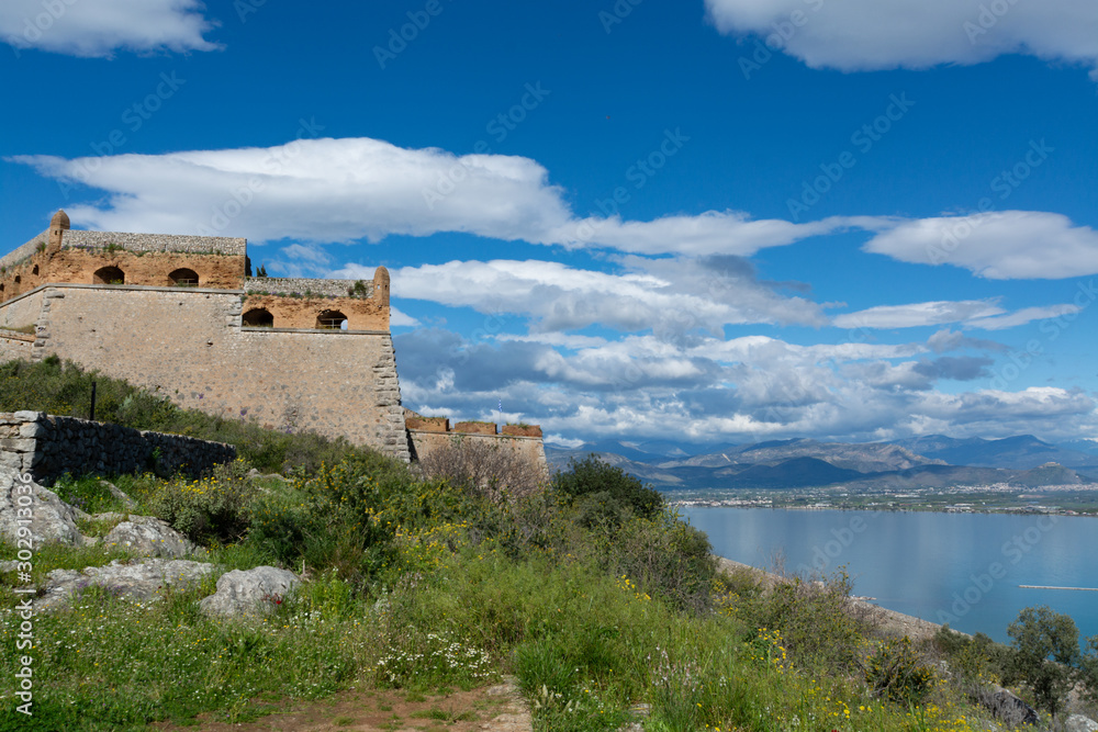 Old venetian fortress on hilltop in beautiful greek town Nafplio, Peloponnese, Greece