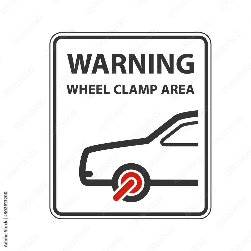 No parking warning sign with car clamped wheel clamp symbol Stock
