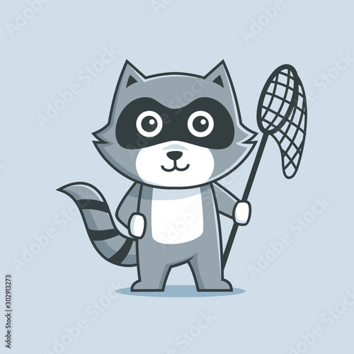 Raccoon character mascot cartoon holding the net
