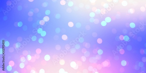 Bokeh pink blue festive banner. Empty glitter background. New year sparkling texture. Confetti abstract illustration. Holiday decor backdrop.