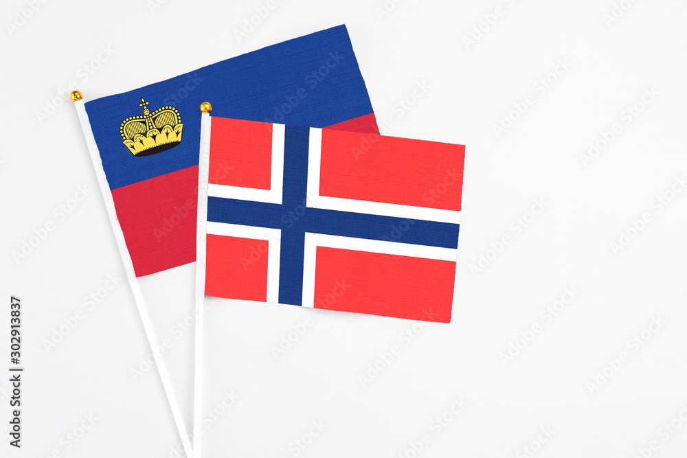 Bouvet Islands and Liechtenstein stick flags on white background. High quality fabric, miniature national flag. Peaceful global concept.White floor for copy space.
