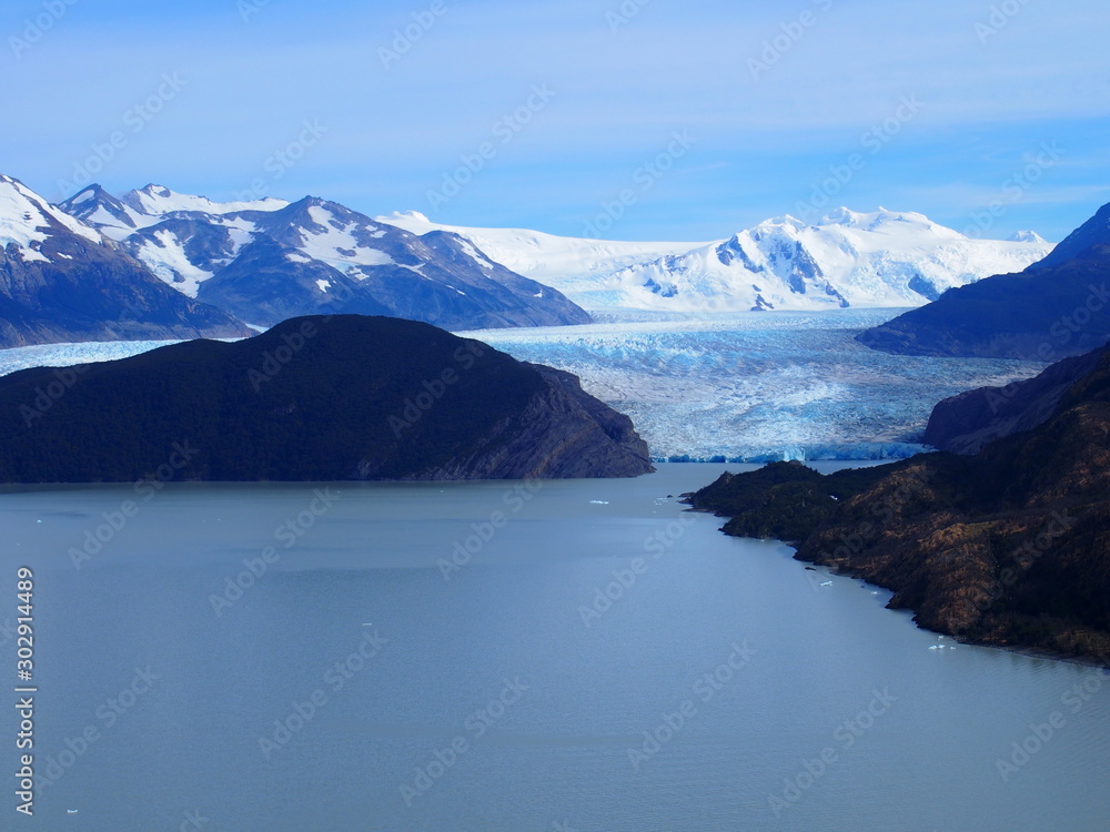 A clear blue Glaciar Grey visible in the distance, Torres del Paine trekking, Torres del Paine National Park, Patagonia, Chile A clear blue Glaciar Grey visible in the distance, Torres del Paine trekking, Torres del Paine National Park, Patagonia, Chile