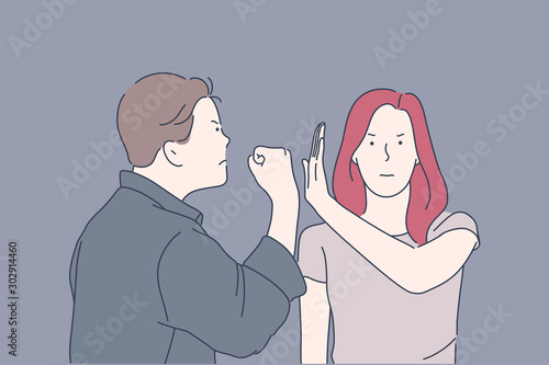Domestic violence, threat, beating concept. Couple, man, woman marriage find out relationship in alcohol intoxication. Husband in rage threatens wife physical punishment. Sexual violence. Flat vector.