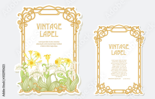 Narcissus, lily of the valley. Set of two labels. Good for product label. with place for text. Vector illustration. In art nouveau style, vintage, old, retro style. Isolated on white background..