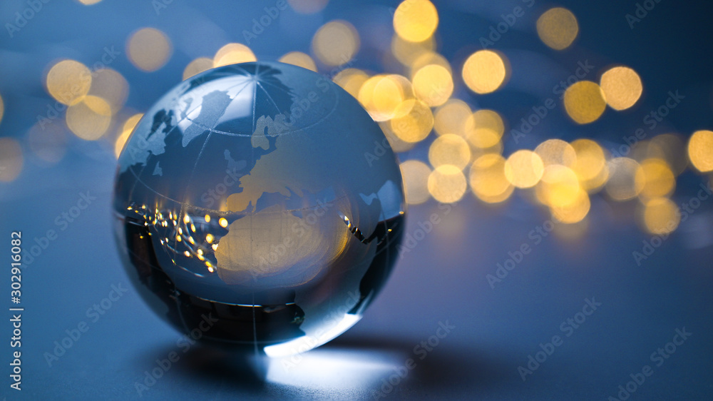 European trade and science or soccer 2024 in Europe and africa, asian, on a earth ball glass globe in front of golden lights. Politics and stars of global economy.  ESG. Technology