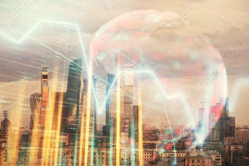 Double exposure of financial graph and world map on city veiw background. Concept of financial market research and analysis