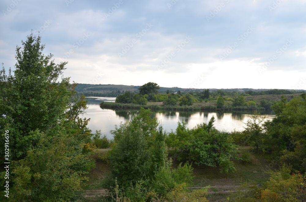  Natural landscape with a view of the pond and vegetation.