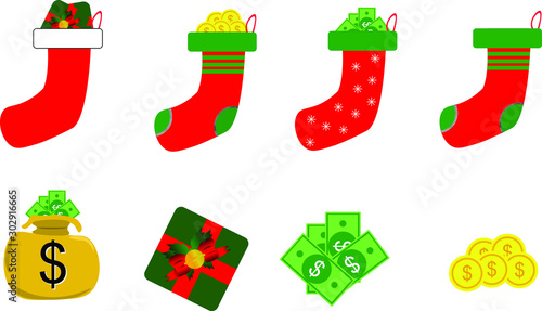 Christmas sock and gift, money on white background vector