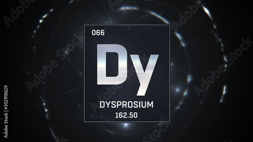 3D illustration of Dysprosium as Element 66 of the Periodic Table. Silver illuminated atom design background with orbiting electrons. Design shows name, atomic weight and element number photo