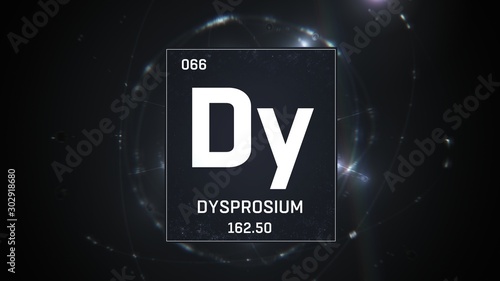 3D illustration of Dysprosium as Element 66 of the Periodic Table. Silver illuminated atom design background with orbiting electrons. Design shows name, atomic weight and element number photo