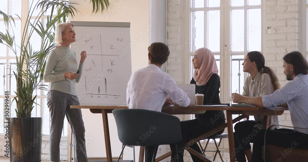 Smiling mature businesswoman coach teaching multicultural workers on flip chart Smiling mature businesswoman coach teaching multicultural workers on flip chart