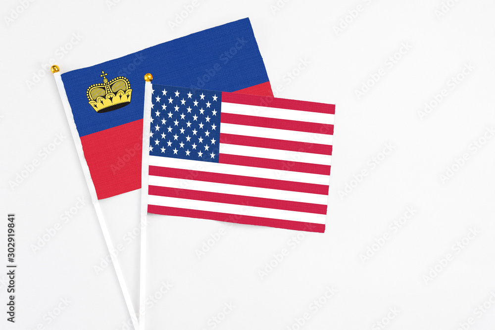 United States and Liechtenstein stick flags on white background. High quality fabric, miniature national flag. Peaceful global concept.White floor for copy space. United States and Liechtenstein stick flags on white background. High quality fabric, miniature national flag. Peaceful global concept.White floor for copy space.