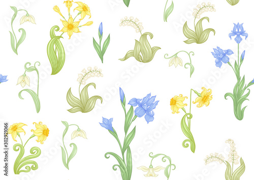Spring flowers. Narcissus, Iris, lily of the valley, may-lily, Seamless pattern, background. Vector illustration. In art nouveau style, vintage, old, retro style. Isolated on white background..