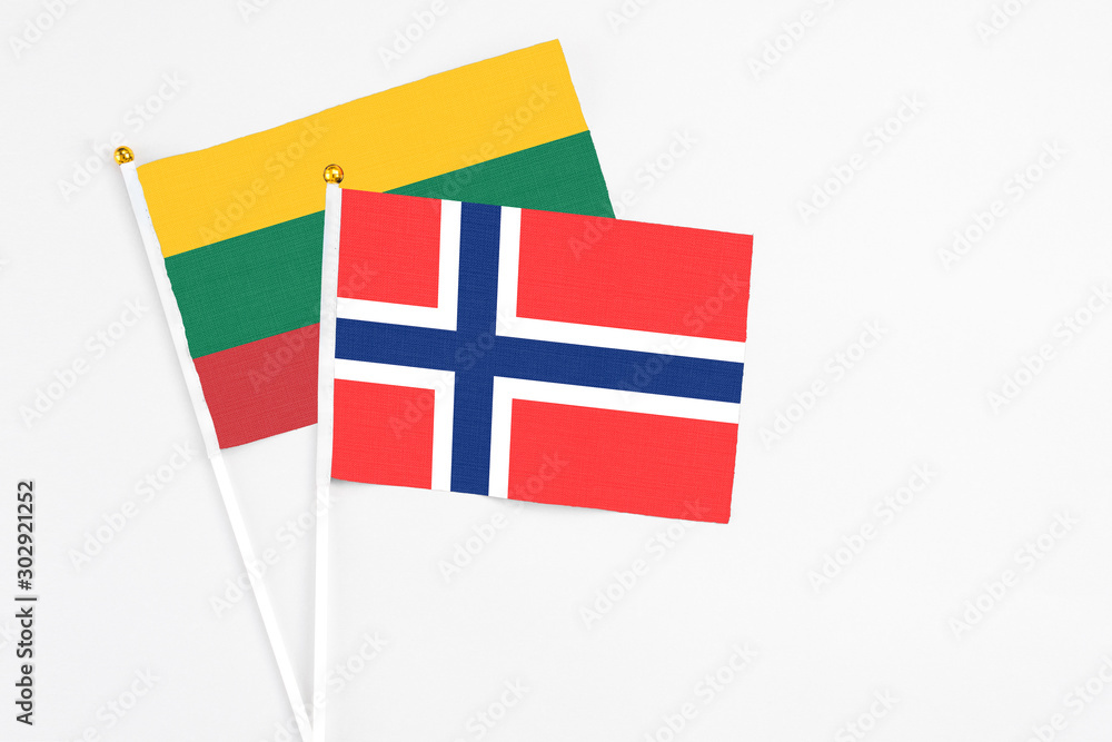 Bouvet Islands and Lithuania stick flags on white background. High quality fabric, miniature national flag. Peaceful global concept.White floor for copy space.