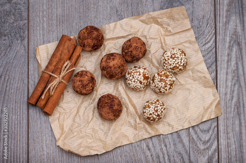Healthy natural candies and sweets made from natural ingredients, handmade energy ball with nuts and dried fruits.