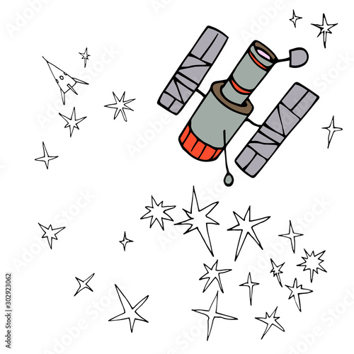 Hubble space telescope with solar panels flying among the stars, color vector illustration isolated on white background in doodle & hand drawn style
