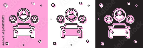 Set Car sharing with group of people icon isolated on pink and white, black background. Carsharing sign. Transport renting service concept. Vector Illustration