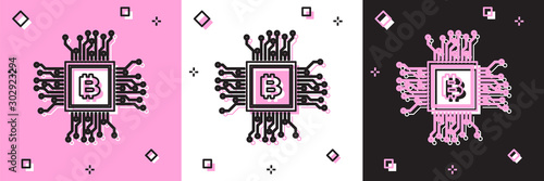 Set CPU mining farm icon isolated on pink and white, black background. Bitcoin sign inside processor. Cryptocurrency mining community. Digital money. Vector Illustration