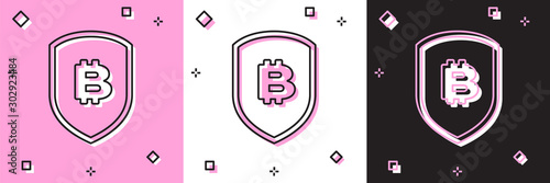 Set Shield with bitcoin icon isolated on pink and white, black background. Cryptocurrency mining, blockchain technology, security, protect, digital money. Vector Illustration