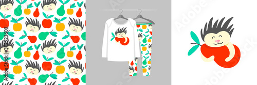 Seamless pattern and illustration for kid with hedgehog hugs pear