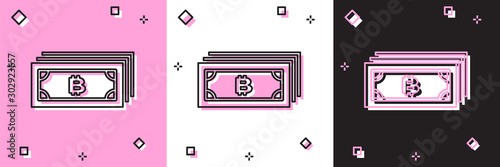 Set Cryptocurrency bitcoin in circle with microchip circuit icon isolated on pink and white, black background. Blockchain technology, digital money market. Vector Illustration