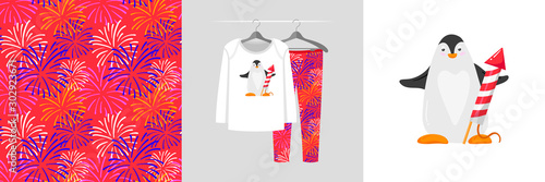 Seamless pattern and illustration for kid with penguin and fireckracker