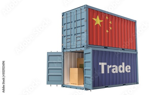 Freight container with China flag. Isolated on white - 3D Rendering
