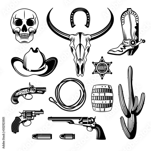 Cowboy Emblem Monochrome Vintage Icon Set