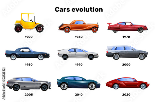 Fototapeta Ewolucja motoryzacji - kolekcja samochodów na białym tle XL