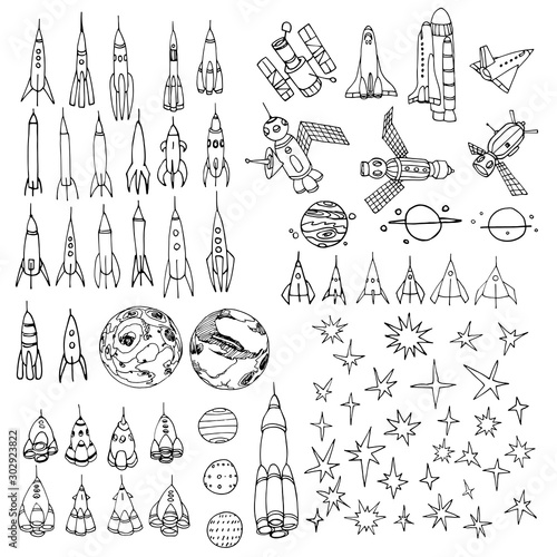 set of interstellar elements, rockets, Shuttle, planets, stars, telescope, spaceships, Doodle with black contour lines, vector illustration isolated on white background in hand drawn style