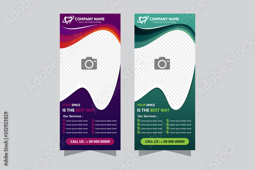 Vertical banner with product. Blue and purple dental background abstract - concept health care or medicine technology. Vector Illustration EPS 10, Graphic Design elements vertical banner, flyer